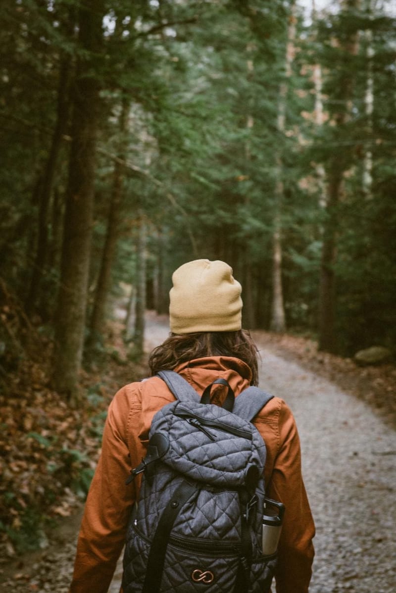 Wanderin mit Rucksack auf einem Waldweg