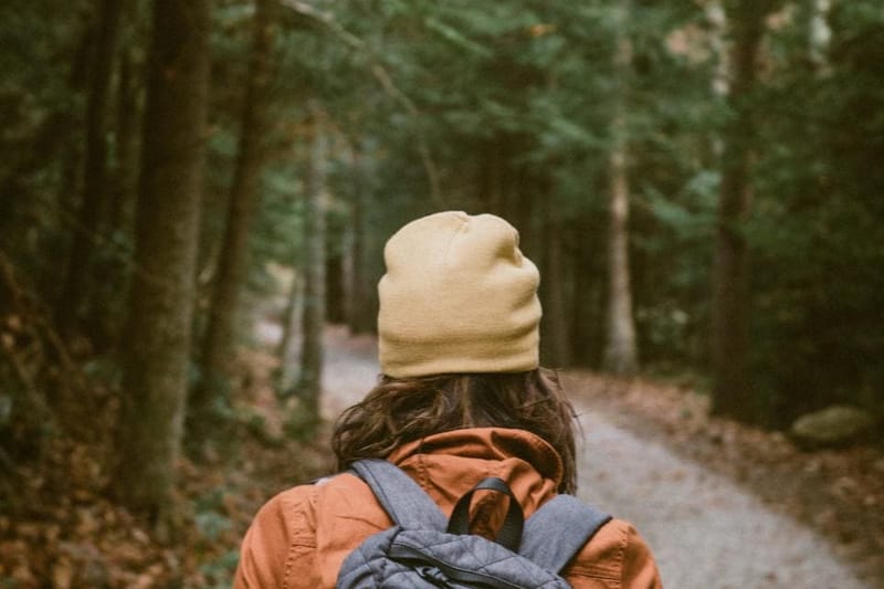 Wanderin mit Rucksack auf einem Waldweg