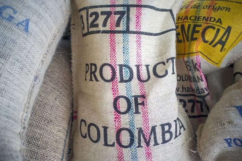 Jute sacks of green coffee from Colombia