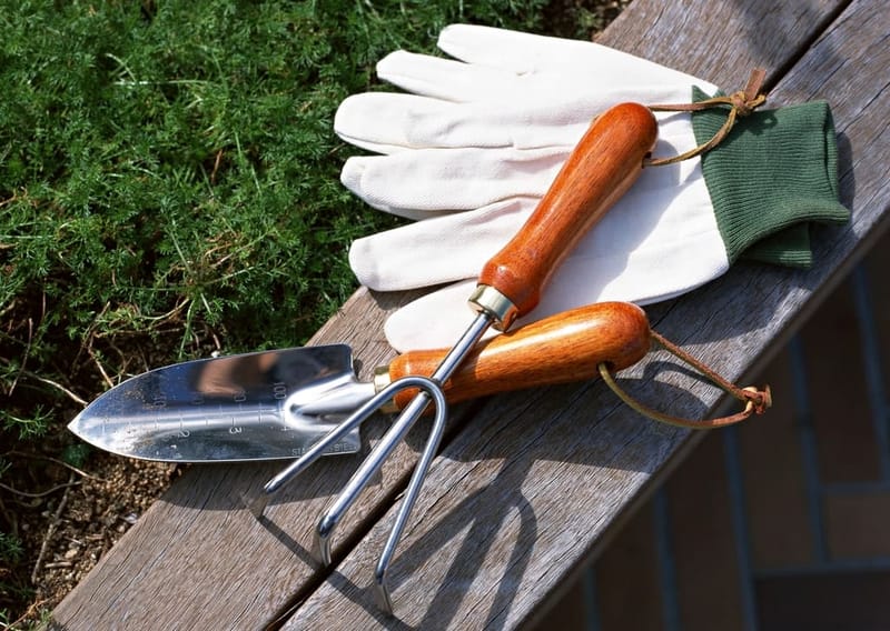 Handschuhe, Kelle und Grubber auf einer Holzbank