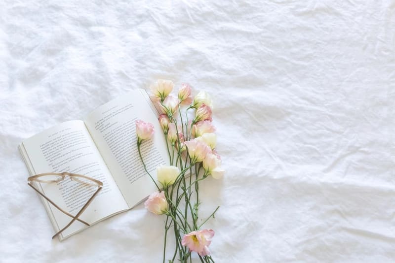 White linen bedding with a book and carnations